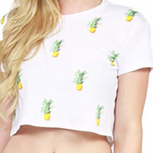 Revolve Lovers & Friends white cropped t-shirt, pineapple imprinted throughout,S - Picture 1 of 6